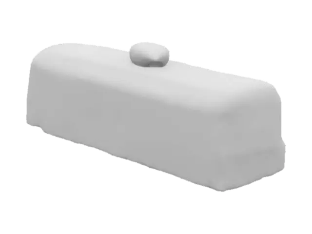 3D model for A small rectangular almond cake—golden brown with a soft crumb and slightly crisp edges. The surface is matte with a subtle sugar glaze and a single toasted almond sliver pressed gently into the top.