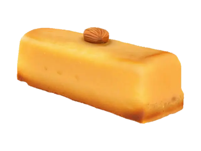 3D model for A small rectangular almond cake—golden brown with a soft crumb and slightly crisp edges. The surface is matte with a subtle sugar glaze and a single toasted almond sliver pressed gently into the top.