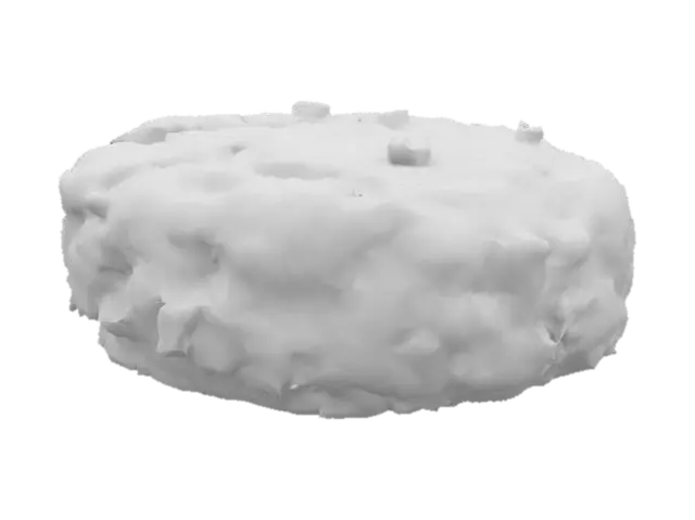 3D model for A compact, pan-seared crab cake—golden-brown crust with a slightly uneven surface texture from crab flakes. The interior is moist and pale with visible chunks of crab meat, herbs, and a hint of diced red pepper.