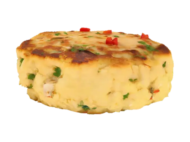 3D model for A compact, pan-seared crab cake—golden-brown crust with a slightly uneven surface texture from crab flakes. The interior is moist and pale with visible chunks of crab meat, herbs, and a hint of diced red pepper.