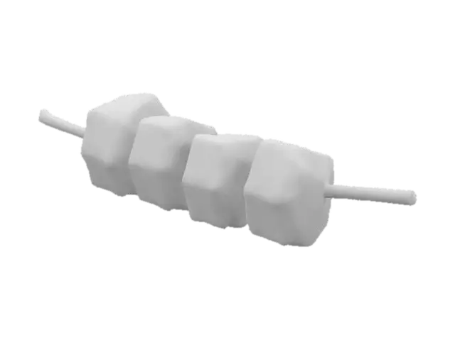 3D model for Tender cubes of marinated chicken threaded onto a small skewer, grilled with caramelized edges and a glossy peanut sauce glaze. The meat texture is fibrous with slight char marks and a hint of oil.