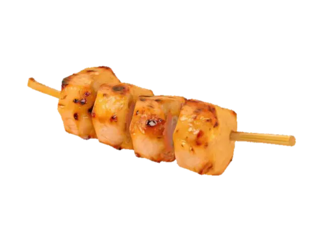 3D model for Tender cubes of marinated chicken threaded onto a small skewer, grilled with caramelized edges and a glossy peanut sauce glaze. The meat texture is fibrous with slight char marks and a hint of oil.