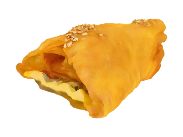 A small, crisp triangle of fried phyllo pastry—golden and flaky, with visible… 3D model, vytvořený pomocí AI