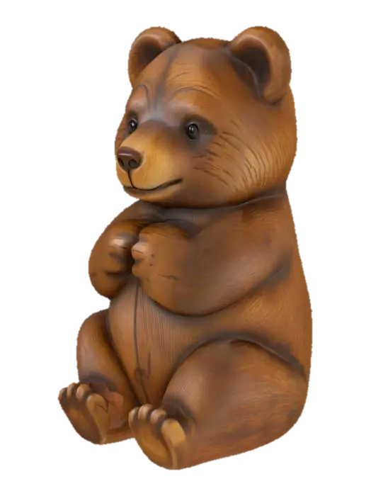 Render a carved wooden bear cub, playful and rustic in style. The bear should be… 3D model, vytvořený pomocí AI