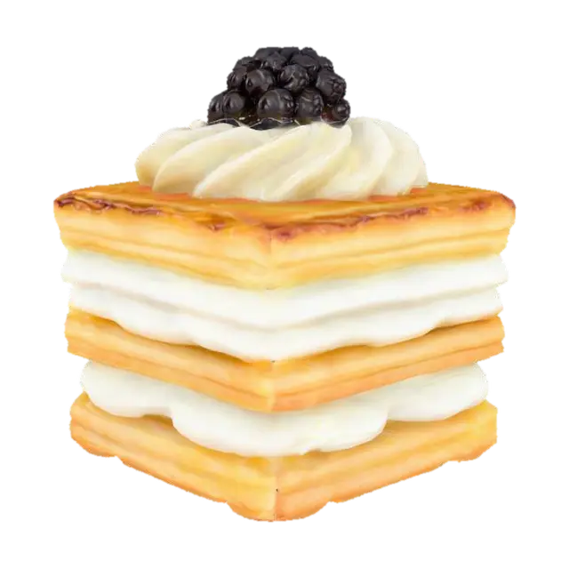 A perfect square with alternating micro-layers of puff pastry (crisp, flaky, golden)… 3D model, vytvořený pomocí AI