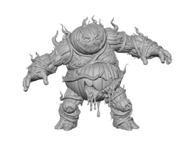 3D model for #Halloween2025#, Model of a monstrous obese fantasy pumpkin golem. jack-o-lantern head. body of bloated, broken and leaking carved pumpkins held together with thick vines. standing in a dynamic pose. simple design, full body free standing, easily transitioned to a 3d print. white background