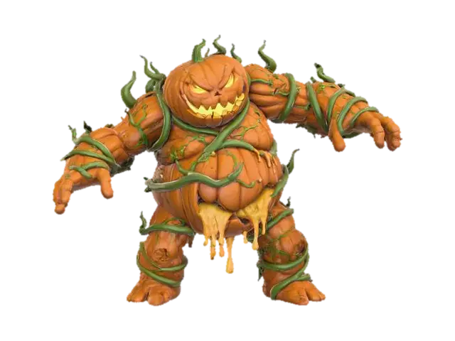 3D model for #Halloween2025#, Model of a monstrous obese fantasy pumpkin golem. jack-o-lantern head. body of bloated, broken and leaking carved pumpkins held together with thick vines. standing in a dynamic pose. simple design, full body free standing, easily transitioned to a 3d print. white background