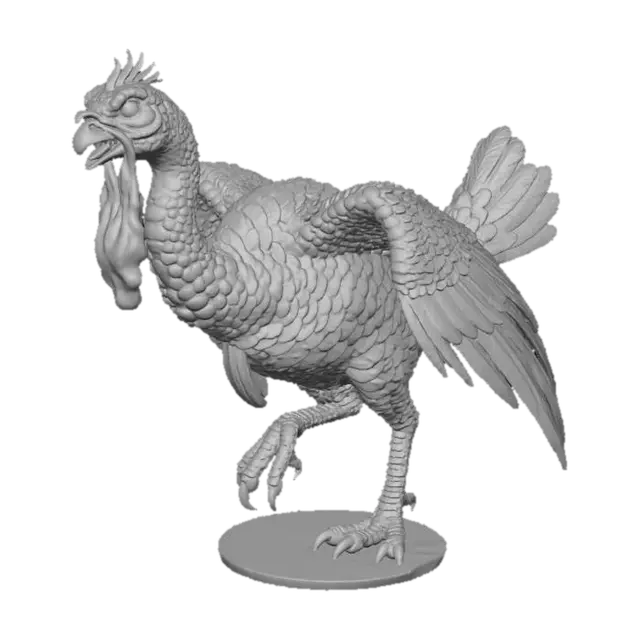 3D model for #Thanksgiving#, Model of a fantasy cockatrice. Cockatrice strongly resembling a turkey. . with a long slim body and neck and large wattle hanging from beak. standing an a dynamic aggressive stance. simple design, full body free standing, easily transitioned to a 3d print. white background,