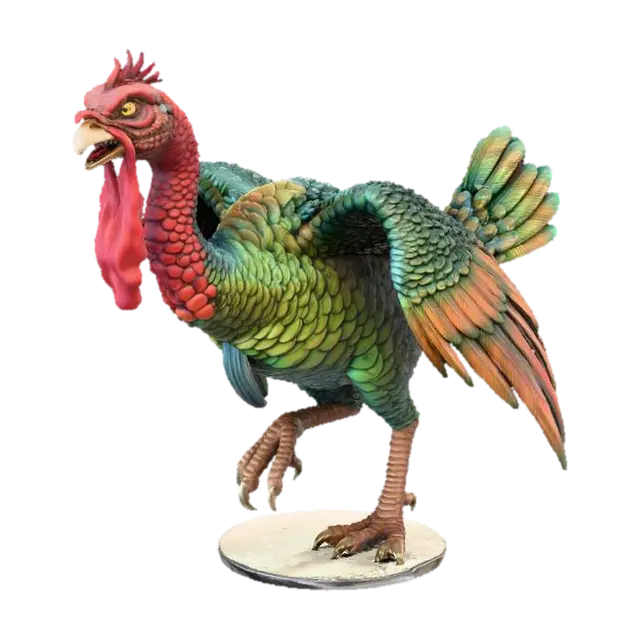 3D model for #Thanksgiving#, Model of a fantasy cockatrice. Cockatrice strongly resembling a turkey. . with a long slim body and neck and large wattle hanging from beak. standing an a dynamic aggressive stance. simple design, full body free standing, easily transitioned to a 3d print. white background,