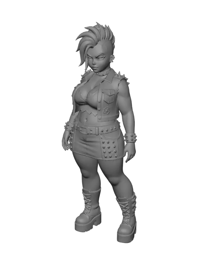 3D model for stylized curvy punk in a crop top low neckline and mini skirt character design for a 3d video game