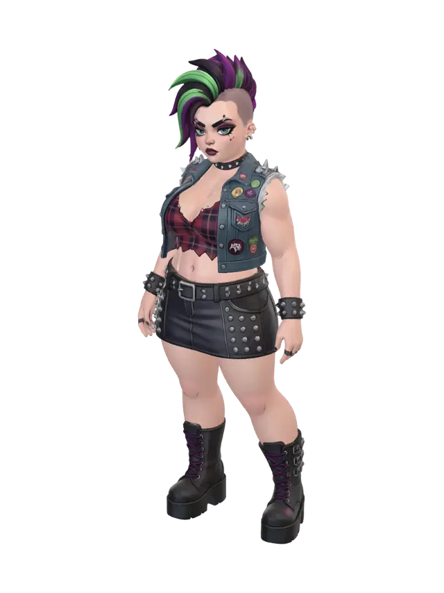 3D model for stylized curvy punk in a crop top low neckline and mini skirt character design for a 3d video game