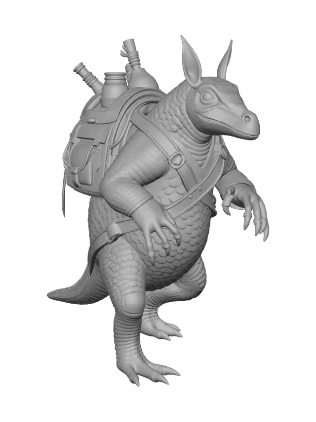 3D model for Create me a warrior armadillo companion for DnD. Make him scales silver with a black underbelly. Have him carrying a small backpack with alchemy supplies .