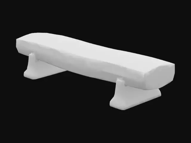 3D model for A low-poly stylized orcish bench, crafted from a single, massive, roughly hewn log split lengthwise, forming a broad, flat seating surface. The dark brown wood is uniform and untextured, highlighting the simple, blocky form. It rests on two thick, cylindrical log supports, slightly splayed outwards for stability. The overall impression is one of brute simplicity and immense weight, with clean, angular lines typical of a low-polygon model.