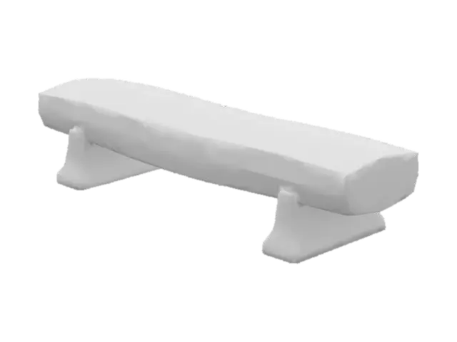 3D model for A low-poly stylized orcish bench, crafted from a single, massive, roughly hewn log split lengthwise, forming a broad, flat seating surface. The dark brown wood is uniform and untextured, highlighting the simple, blocky form. It rests on two thick, cylindrical log supports, slightly splayed outwards for stability. The overall impression is one of brute simplicity and immense weight, with clean, angular lines typical of a low-polygon model.