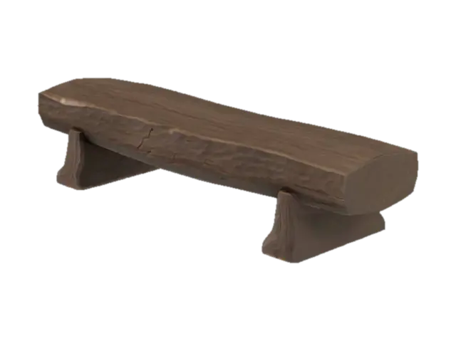 3D model for A low-poly stylized orcish bench, crafted from a single, massive, roughly hewn log split lengthwise, forming a broad, flat seating surface. The dark brown wood is uniform and untextured, highlighting the simple, blocky form. It rests on two thick, cylindrical log supports, slightly splayed outwards for stability. The overall impression is one of brute simplicity and immense weight, with clean, angular lines typical of a low-polygon model.