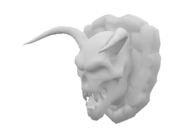 3D model for Low-poly sculpted orc skull carving, aggressive expression with fangs and pointed ears. Designed as a decorative stone relief. Stylized for dungeon orc architecture. Carved into green basalt stone, flat back for wall mounting. Texture includes aged cracks and chiseled stone detail. Game-ready, low polygon, no background, optimized silhouette.