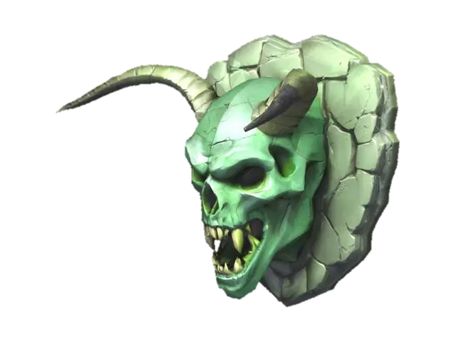 3D model for Low-poly sculpted orc skull carving, aggressive expression with fangs and pointed ears. Designed as a decorative stone relief. Stylized for dungeon orc architecture. Carved into green basalt stone, flat back for wall mounting. Texture includes aged cracks and chiseled stone detail. Game-ready, low polygon, no background, optimized silhouette.