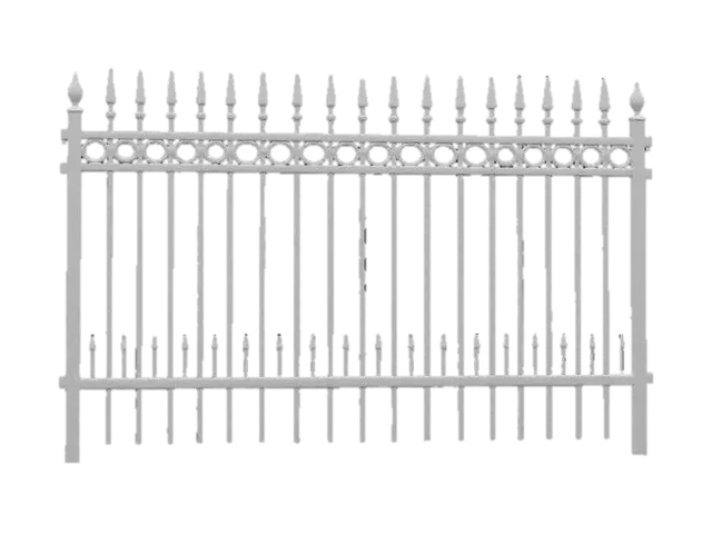 3D model for A modular cemetery metal fence section, designed for repetitive assembly. Crafted from dark, aged wrought iron, its surface exhibits a rough, slightly pitted texture with hints of rust in the crevices, conveying a weathered, antique feel. The fence features vertical, slender metal pickets topped with sharp, spear-like finials, secured between thicker, ornate horizontal rails adorned with subtle, gothic-inspired scrollwork. Its color is a deep, muted charcoal black, with occasional brown rust tones, possessing a cold, hard, and heavy tactile quality, perfectly structured for seamless modular connection.