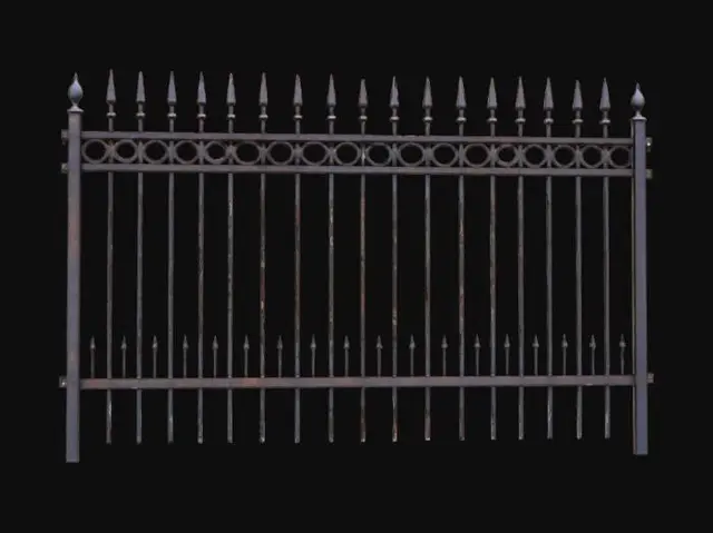 3D model for A modular cemetery metal fence section, designed for repetitive assembly. Crafted from dark, aged wrought iron, its surface exhibits a rough, slightly pitted texture with hints of rust in the crevices, conveying a weathered, antique feel. The fence features vertical, slender metal pickets topped with sharp, spear-like finials, secured between thicker, ornate horizontal rails adorned with subtle, gothic-inspired scrollwork. Its color is a deep, muted charcoal black, with occasional brown rust tones, possessing a cold, hard, and heavy tactile quality, perfectly structured for seamless modular connection.