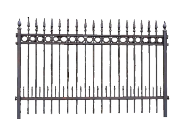 3D model for A modular cemetery metal fence section, designed for repetitive assembly. Crafted from dark, aged wrought iron, its surface exhibits a rough, slightly pitted texture with hints of rust in the crevices, conveying a weathered, antique feel. The fence features vertical, slender metal pickets topped with sharp, spear-like finials, secured between thicker, ornate horizontal rails adorned with subtle, gothic-inspired scrollwork. Its color is a deep, muted charcoal black, with occasional brown rust tones, possessing a cold, hard, and heavy tactile quality, perfectly structured for seamless modular connection.
