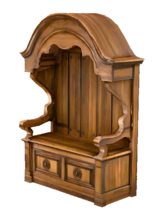 An imposing hooded settle crafted from dark, aged oak, its robust form designed for… का AI द्वारा बनाया गया 3D मॉडल