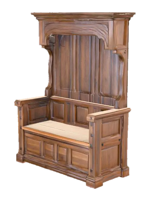 An imposing hooded settle crafted from dark, aged oak, its robust form designed for… का AI द्वारा बनाया गया 3D मॉडल