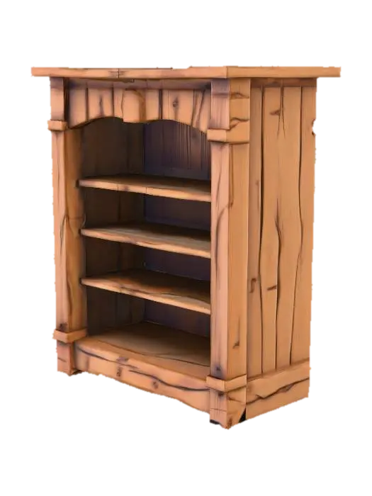 A stylized wooden bookcase with a simple yet charming design. Made of thick, slightly… - Books 3D model, vytvořený pomocí AI