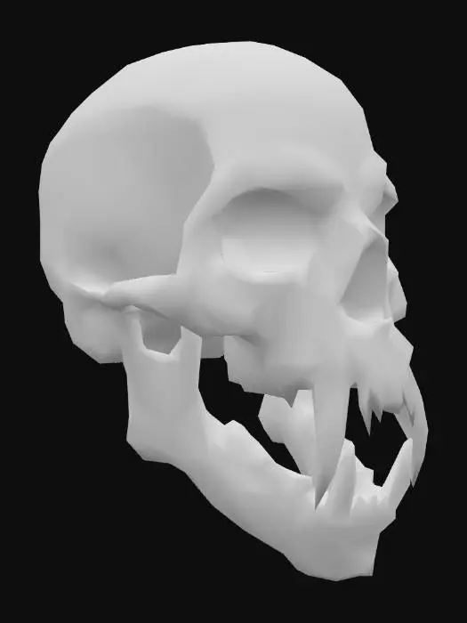 3D model for A demonic reaper skull, intricately detailed with an imposing, predatory form. Its bone structure is ancient and dark, featuring a rough, weathered texture with visible cracks and deep striations that hint at immense age and torment. Elongated, razor-sharp fangs protrude menacingly from a skeletal jaw. The empty eye sockets are deep and hollow, casting an ominous shadow, and the overall color is a dark, bleached bone, conveying a cold, hard, and unyielding presence without any cranial adornments.