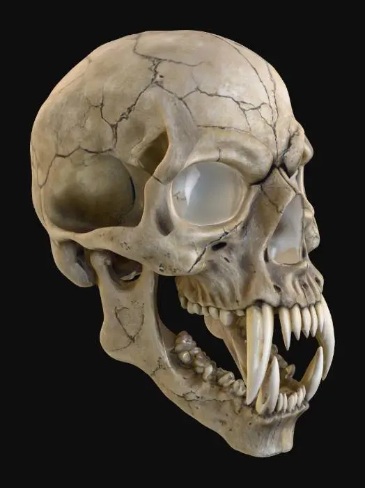 3D model for A demonic reaper skull, intricately detailed with an imposing, predatory form. Its bone structure is ancient and dark, featuring a rough, weathered texture with visible cracks and deep striations that hint at immense age and torment. Elongated, razor-sharp fangs protrude menacingly from a skeletal jaw. The empty eye sockets are deep and hollow, casting an ominous shadow, and the overall color is a dark, bleached bone, conveying a cold, hard, and unyielding presence without any cranial adornments.