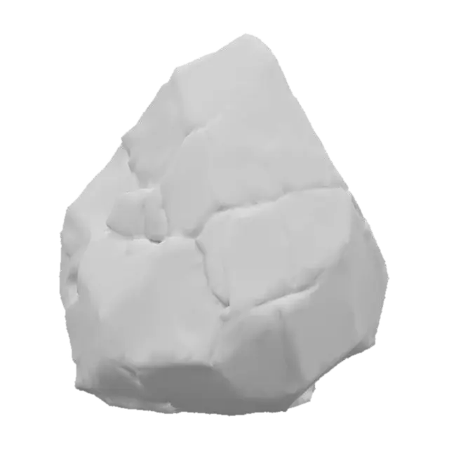 3D model for An imposing, irregularly shaped boulder, appearing as a large, weathered rock formation. Its dominant form is a tall, craggy mass with a sharp, pointed apex and numerous natural fractures and crevices. The stone itself is a muted, earthy brown-grey, displaying subtle variations in tone. Its surface is exceptionally rough and uneven, covered in a detailed texture of pockmarks, small embedded debris, and eroded patches, giving it a very dry, gritty, and coarse tactile quality.
