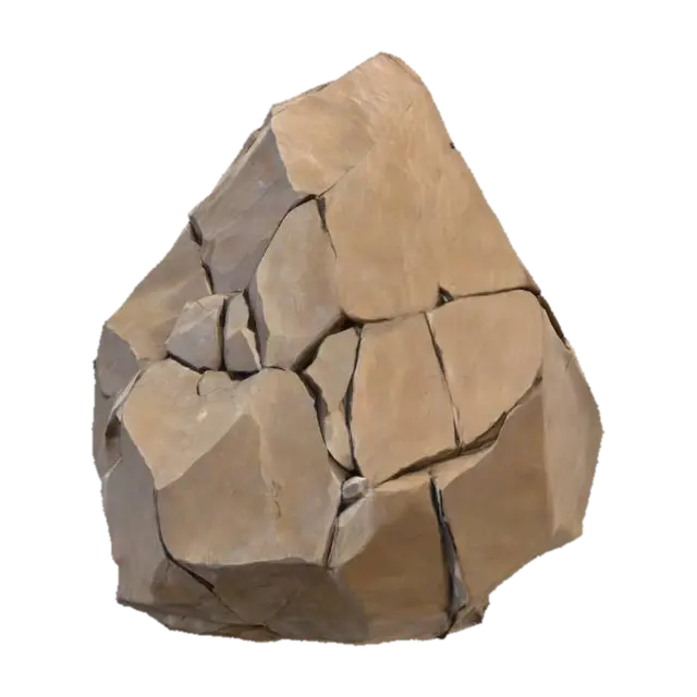 3D model for An imposing, irregularly shaped boulder, appearing as a large, weathered rock formation. Its dominant form is a tall, craggy mass with a sharp, pointed apex and numerous natural fractures and crevices. The stone itself is a muted, earthy brown-grey, displaying subtle variations in tone. Its surface is exceptionally rough and uneven, covered in a detailed texture of pockmarks, small embedded debris, and eroded patches, giving it a very dry, gritty, and coarse tactile quality.