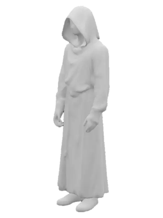 3D model for The object features a humanoid figure with a flowing, angular robe and hood, highlighted by sharp, vibrant neon yellow lines and a smooth, dark texture, set against an electrified, cracked terrain.
