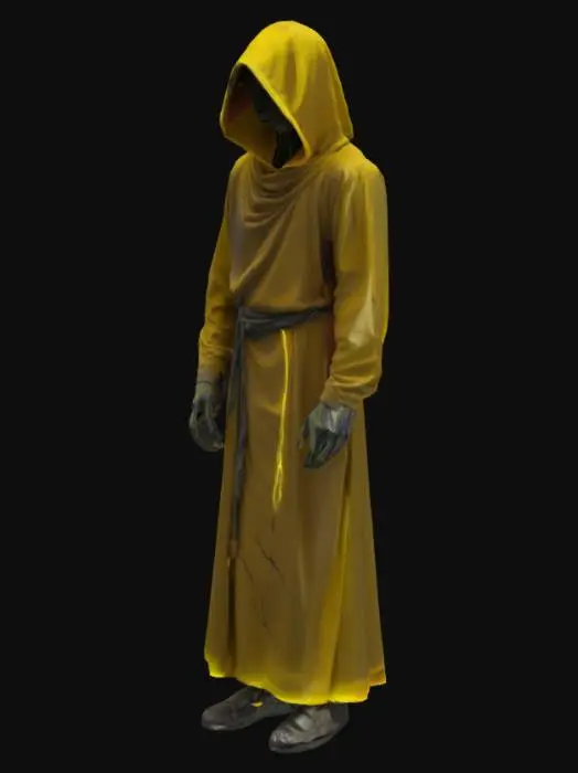 3D model for The object features a humanoid figure with a flowing, angular robe and hood, highlighted by sharp, vibrant neon yellow lines and a smooth, dark texture, set against an electrified, cracked terrain.