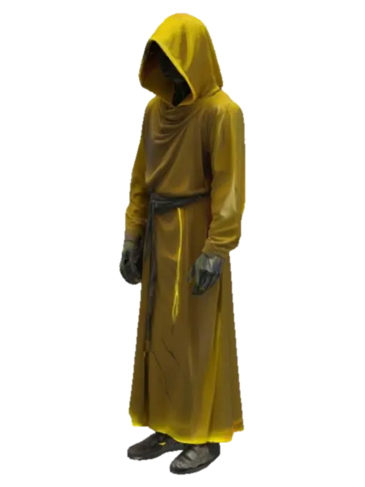 3D model for The object features a humanoid figure with a flowing, angular robe and hood, highlighted by sharp, vibrant neon yellow lines and a smooth, dark texture, set against an electrified, cracked terrain.