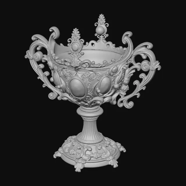 3D model for Ornate ceremonial chalice, highly detailed, symmetrical design.
Large deep bowl with slightly flared rim, smooth inner surface, exterior covered in dense baroque-style relief carvings. Repeating teardrop-shaped green gemstones set around the upper bowl, each in raised gold bezels with radial ornamental framing. Smaller round green gems accent the spaces between. Surface filled with intricate scrollwork, floral motifs, filigree, and embossed patterns in high relief.
Slender stem transitioning into a bulbous ornamental node at the center, decorated with vertical fluting and small inset green gemstones. Lower stem expands into curved, flowing supports that blend into a wide circular base.
Style: luxurious fantasy artifact, royal treasure, ultra-detailed ornamental craftsmanship.