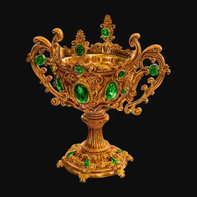 3D model for Ornate ceremonial chalice, highly detailed, symmetrical design.
Large deep bowl with slightly flared rim, smooth inner surface, exterior covered in dense baroque-style relief carvings. Repeating teardrop-shaped green gemstones set around the upper bowl, each in raised gold bezels with radial ornamental framing. Smaller round green gems accent the spaces between. Surface filled with intricate scrollwork, floral motifs, filigree, and embossed patterns in high relief.
Slender stem transitioning into a bulbous ornamental node at the center, decorated with vertical fluting and small inset green gemstones. Lower stem expands into curved, flowing supports that blend into a wide circular base.
Style: luxurious fantasy artifact, royal treasure, ultra-detailed ornamental craftsmanship.