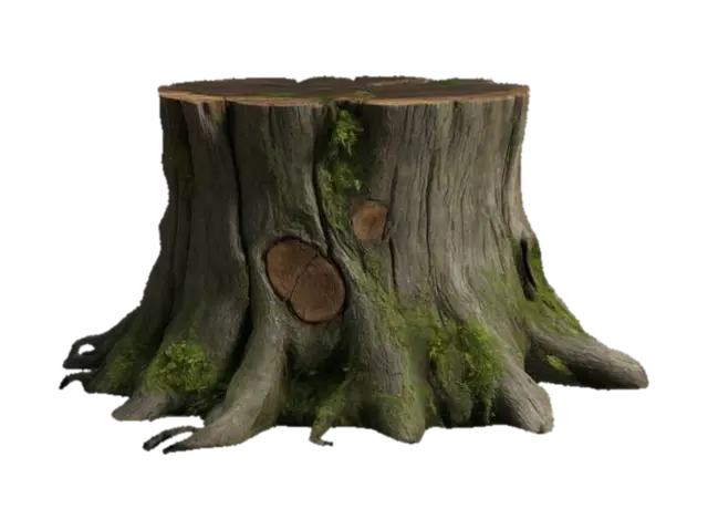 "Create a highly detailed 3D model of a tree stump. The stump should be realistically… 3D model, vytvořený pomocí AI