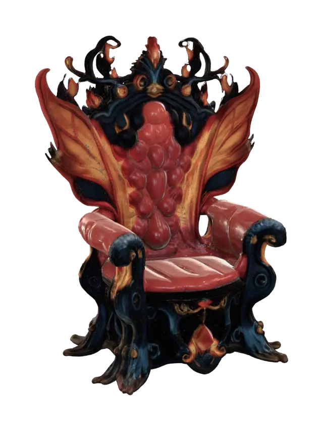 3D model for Symmetrical fantasy fire-fairy throne, front view. Frame of charred dark wood and molten gold branches curling into swirling flame tongues. Tall backrest is one upright flame-shaped petal with quilted upholstery, red-orange gradient and glowing golden veins. Behind the armrests rise two large fiery butterfly wings made of stylized flames. Armrests end in spiral fire scrolls; legs are clawed ember-cracked roots. A faceted ruby gem set in flames on the front apron. Wide deep seat sized for a seated doll. Palette: crimson, amber, gold, ash grey. Solid connected geometry, thick sturdy details, no thin fragile spikes, flat stable base, watertight mesh, ready for 3D printing and hand painting.
