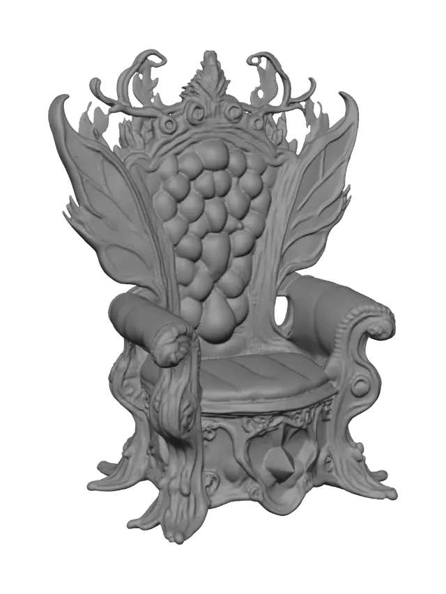 3D model for Symmetrical fantasy fire-fairy throne, front view. Frame of charred dark wood and molten gold branches curling into swirling flame tongues. Tall backrest is one upright flame-shaped petal with quilted upholstery, red-orange gradient and glowing golden veins. Behind the armrests rise two large fiery butterfly wings made of stylized flames. Armrests end in spiral fire scrolls; legs are clawed ember-cracked roots. A faceted ruby gem set in flames on the front apron. Wide deep seat sized for a seated doll. Palette: crimson, amber, gold, ash grey. Solid connected geometry, thick sturdy details, no thin fragile spikes, flat stable base, watertight mesh, ready for 3D printing and hand painting.