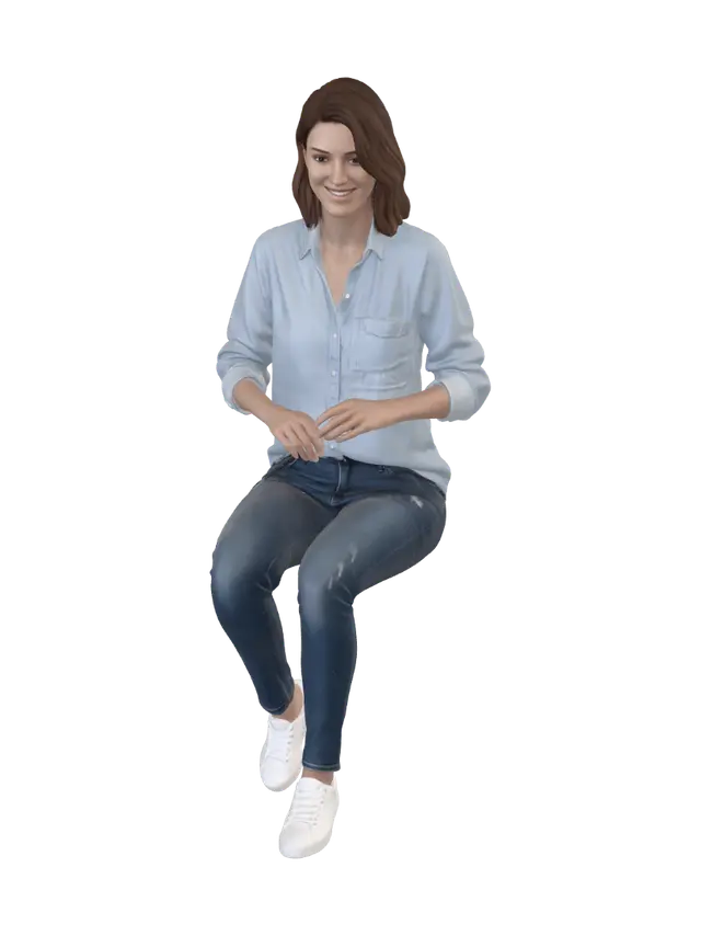Casual dressed woman seated at an invisible dinning table. - Dining 3D model, vytvořený pomocí AI