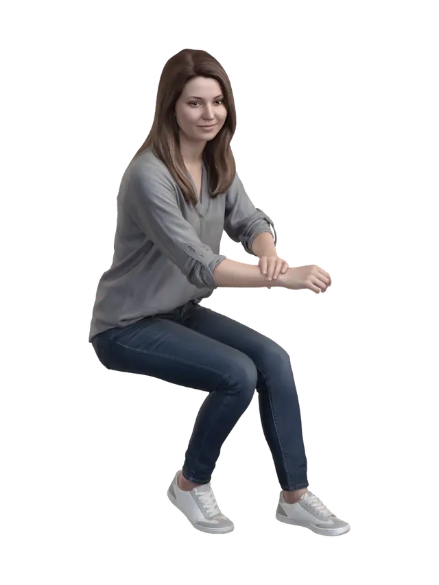Casual dressed woman seated at an invisible dinning table. - Dining 3D model, vytvořený pomocí AI
