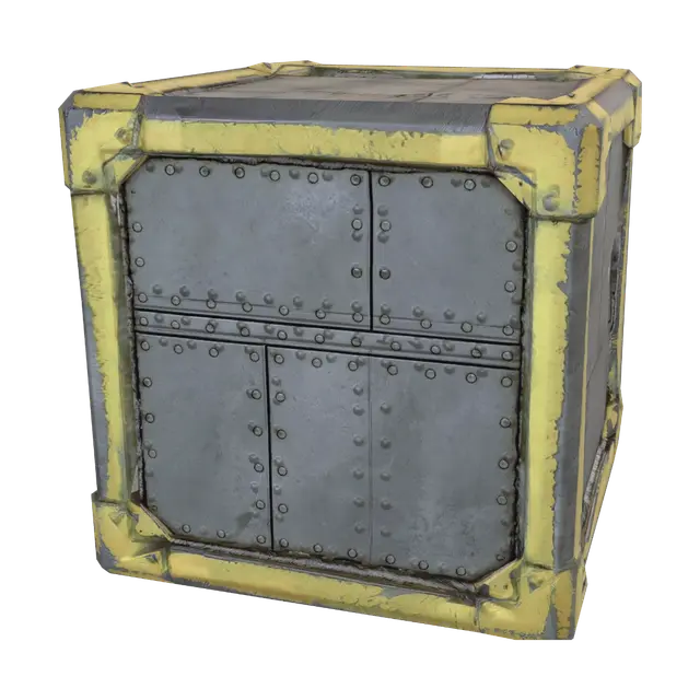 3D model for Metal crate, square, closed lid, riveted, yellow paint highlights, no background