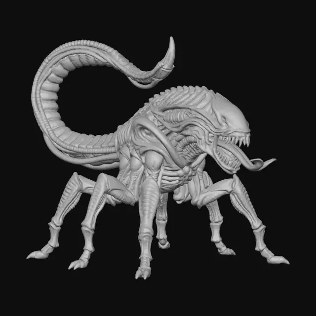 3D model for eine sechsbeinige Kreatur im Stil von H.R.Giger. langer schwanz, lange spitze zähne, gespaltene Zunge die es rausstreckt.