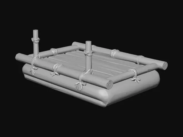 3D model for A stylized 3D platform for a dinosaur saddle, made of thick horizontal bamboo logs tied together with rough ropes, simple flat rectangular surface, no walls, no railings, primitive prehistoric technology, hand-painted texture style, vibrant tropical colors, clean organic shapes, game-ready low-poly asset, isolated on black background.