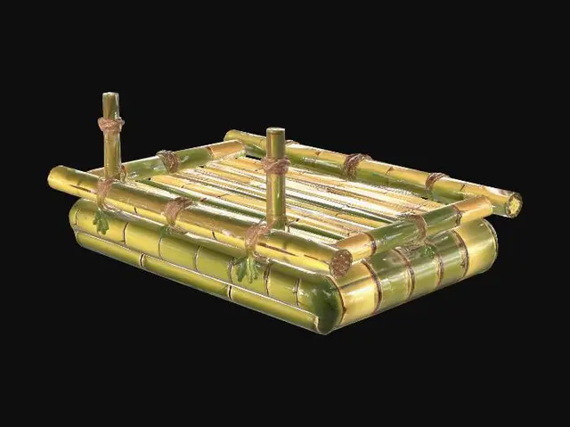 3D model for A stylized 3D platform for a dinosaur saddle, made of thick horizontal bamboo logs tied together with rough ropes, simple flat rectangular surface, no walls, no railings, primitive prehistoric technology, hand-painted texture style, vibrant tropical colors, clean organic shapes, game-ready low-poly asset, isolated on black background.