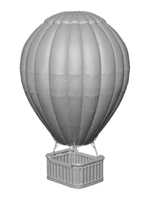 3D model for A full-scale photorealistic 3D model of a complete hot air balloon. Top section: a massive, tall teardrop-shaped fabric envelope with distinct vertical stitched panels and a hollow opening at the bottom. Middle section: four distinct, very long, and straight vertical suspension cables creating a significant height gap between the envelope and the basket below. A detailed metallic gas burner assembly is centered directly above the basket. Bottom section: a square, sturdy hand-woven brown wicker passenger basket with a thick padded leather top rim. The proportions are realistic with a large vertical separation of at least four times the basket height. Cinematic sunset lighting, warm golden-orange highlights on the fabric and wicker. Sharp, clean organic geometry, no overlapping or squashed m