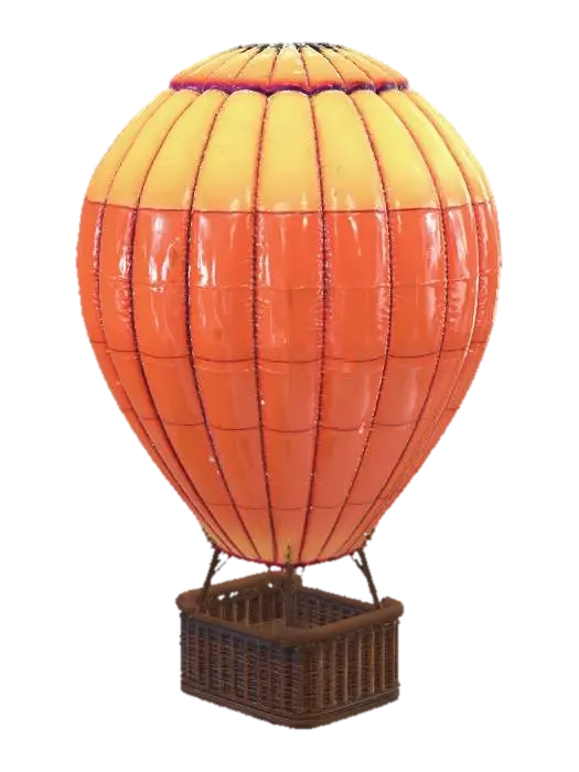 3D model for A full-scale photorealistic 3D model of a complete hot air balloon. Top section: a massive, tall teardrop-shaped fabric envelope with distinct vertical stitched panels and a hollow opening at the bottom. Middle section: four distinct, very long, and straight vertical suspension cables creating a significant height gap between the envelope and the basket below. A detailed metallic gas burner assembly is centered directly above the basket. Bottom section: a square, sturdy hand-woven brown wicker passenger basket with a thick padded leather top rim. The proportions are realistic with a large vertical separation of at least four times the basket height. Cinematic sunset lighting, warm golden-orange highlights on the fabric and wicker. Sharp, clean organic geometry, no overlapping or squashed m