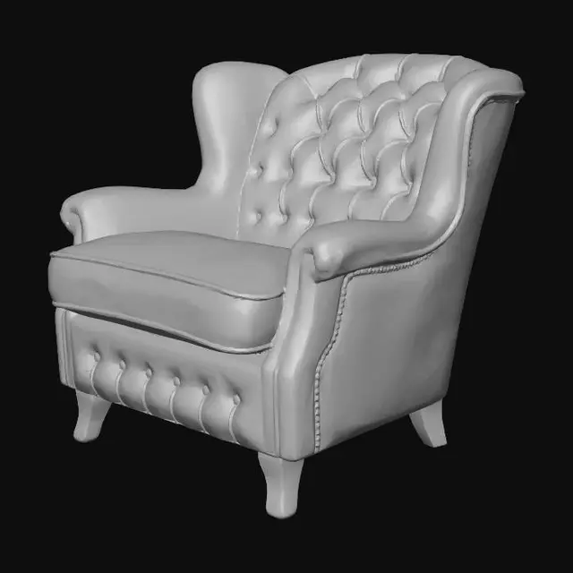 3D model for A single photorealistic industrial wingback armchair, classic Chesterfield style, designed for a cozy loft interior. The chair features deep tufted upholstery and a curved, ergonomic silhouette. The backrest and wings are designed with a low-profile height to ensure a completely unobstructed 360-degree view of the room. Robust construction with thick, comfortable cushions. The base is supported by short, dark carved wooden legs. High-quality organic shapes with realistic folds in the material. Symmetrical and perfectly balanced design, optimized for real-time rendering in Unity. No walls, no roof, completely open design. A premium 3D environment asset for an immersive VR experience, isolated on a solid black background, 8k detail level.