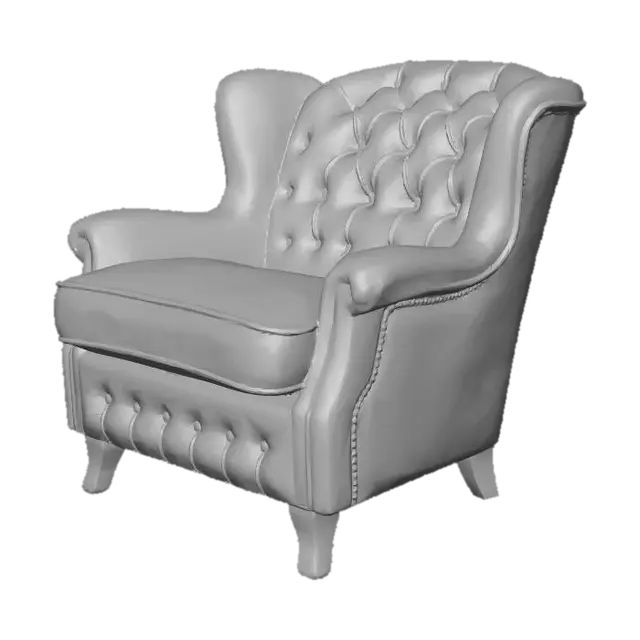 3D model for A single photorealistic industrial wingback armchair, classic Chesterfield style, designed for a cozy loft interior. The chair features deep tufted upholstery and a curved, ergonomic silhouette. The backrest and wings are designed with a low-profile height to ensure a completely unobstructed 360-degree view of the room. Robust construction with thick, comfortable cushions. The base is supported by short, dark carved wooden legs. High-quality organic shapes with realistic folds in the material. Symmetrical and perfectly balanced design, optimized for real-time rendering in Unity. No walls, no roof, completely open design. A premium 3D environment asset for an immersive VR experience, isolated on a solid black background, 8k detail level.