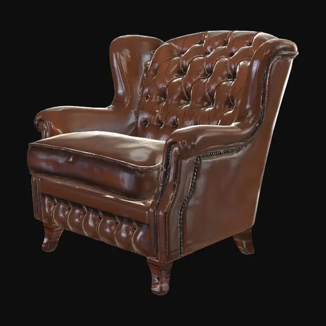 3D model for A single photorealistic industrial wingback armchair, classic Chesterfield style, designed for a cozy loft interior. The chair features deep tufted upholstery and a curved, ergonomic silhouette. The backrest and wings are designed with a low-profile height to ensure a completely unobstructed 360-degree view of the room. Robust construction with thick, comfortable cushions. The base is supported by short, dark carved wooden legs. High-quality organic shapes with realistic folds in the material. Symmetrical and perfectly balanced design, optimized for real-time rendering in Unity. No walls, no roof, completely open design. A premium 3D environment asset for an immersive VR experience, isolated on a solid black background, 8k detail level.
